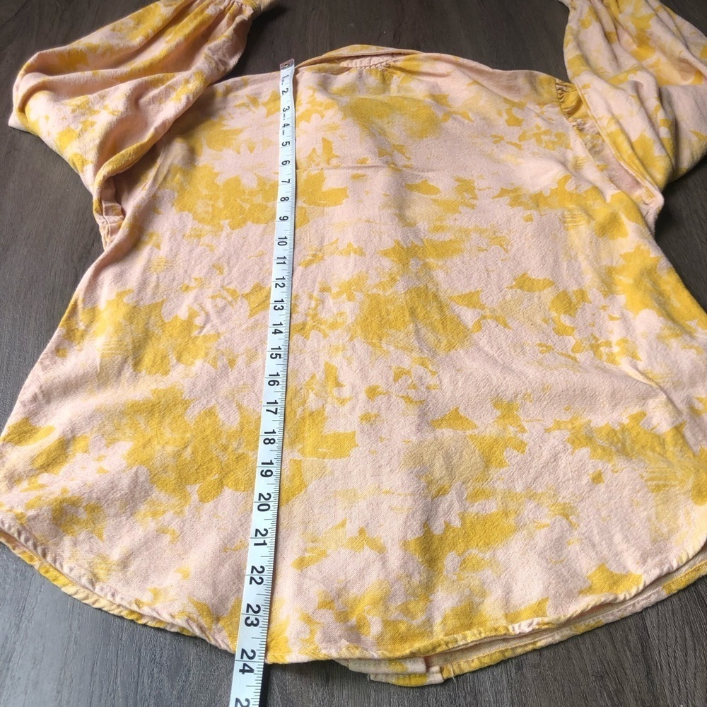 Self Contrast Blouse Women’s XS Pink Yellow Linen Blend Puff Sleeve Button Shirt - Picture 6 of 8